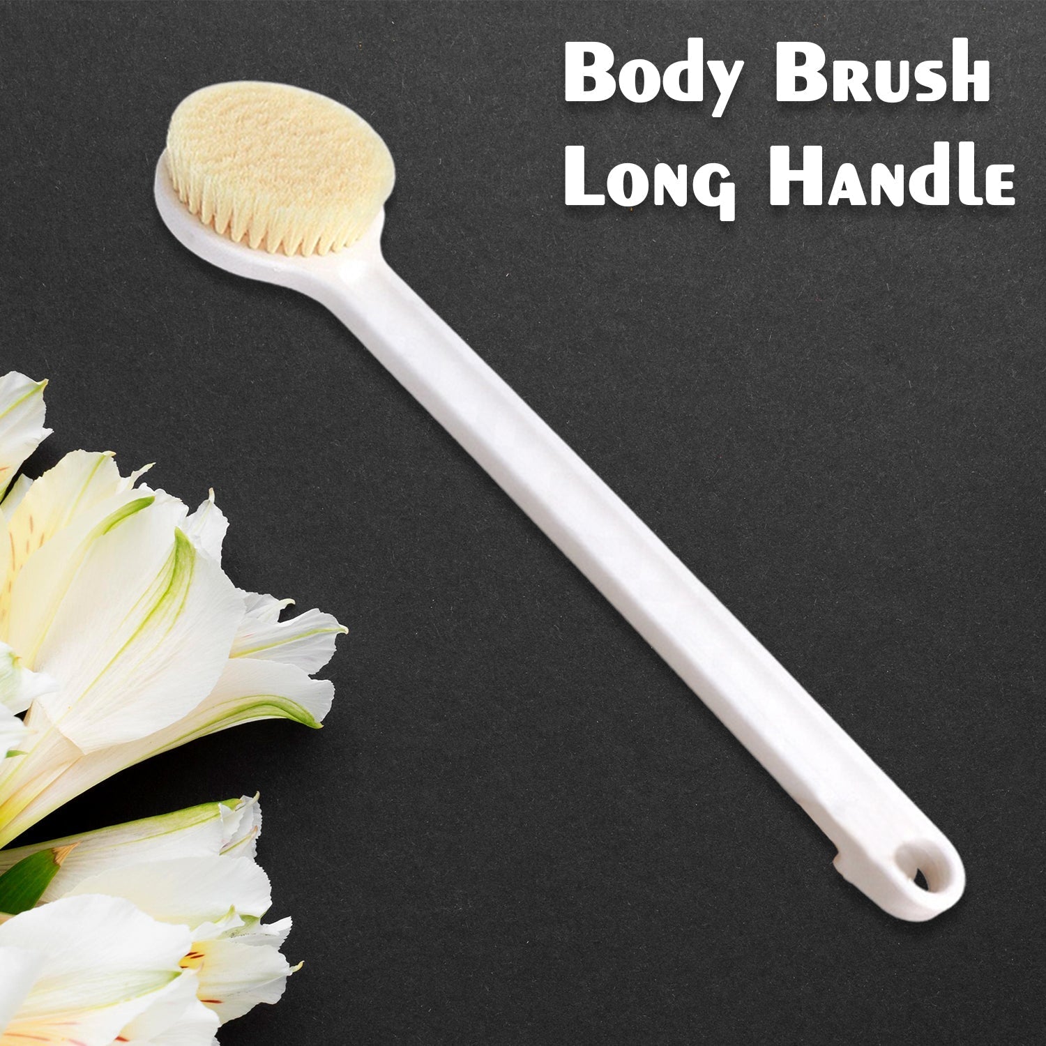 Body brush with long handle, soft bristles for back scrubbing. Body brush with long handle, soft bristles for back scrubbing.